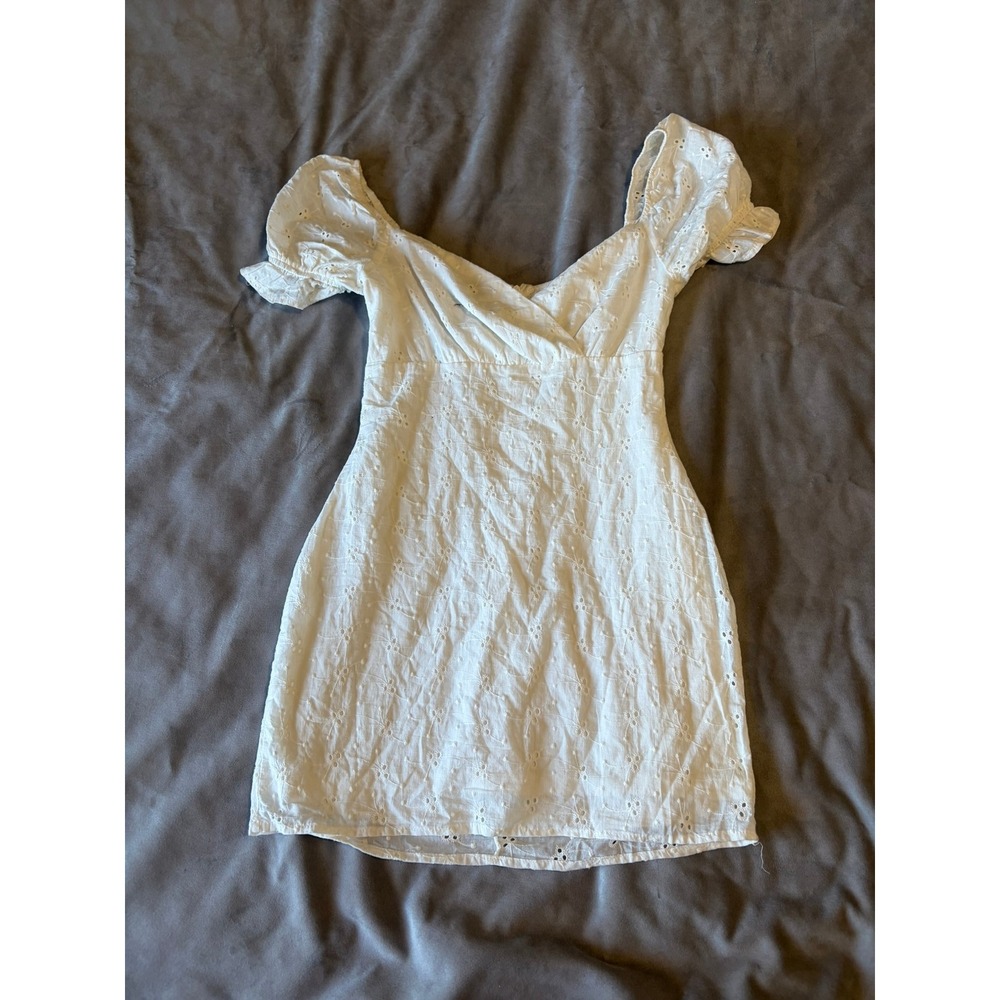 EillyBazar White Eyelet Mini Dress Short Puff Sleeve Cottagecore Smocked Back S
